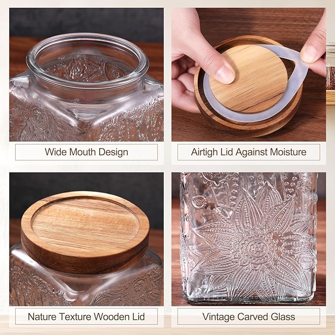 Suclain 5 Pcs Sunflower Vintage Glass Jars with Bamboo Lid 17/24/34 oz Glass Food Containers Storage for Kitchen Counter Pantry Sugar Flour Coffee Tea Candy Oats Cereal