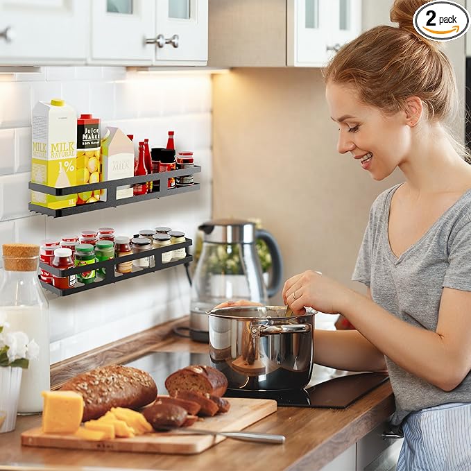 Kitchen Metal Wall Mounted Spice Racks, 2 Pack Adhesive Black Storage organizer for Cabinet Door Pantry Kitchen Bathroom, No Drill Installation (15.7inches length)