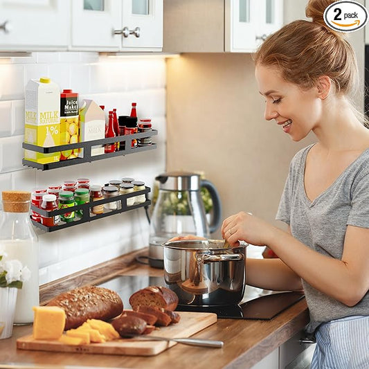 Kitchen Metal Wall Mounted Spice Racks, 2 Pack Adhesive Black Storage organizer for Cabinet Door Pantry Kitchen Bathroom, No Drill Installation (15.7inches length)