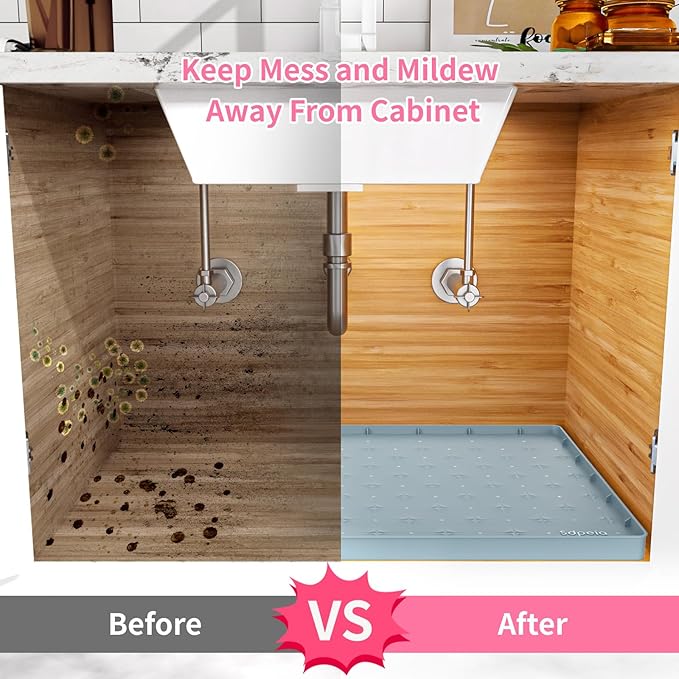 Sdpeia Under Sink Mat for [25" x 19"] Cabinet, Upgraded Silicone Waterproof Mat Kitchen Cabinet Liner Cabinet Protector Kitchen Organizers and Storage