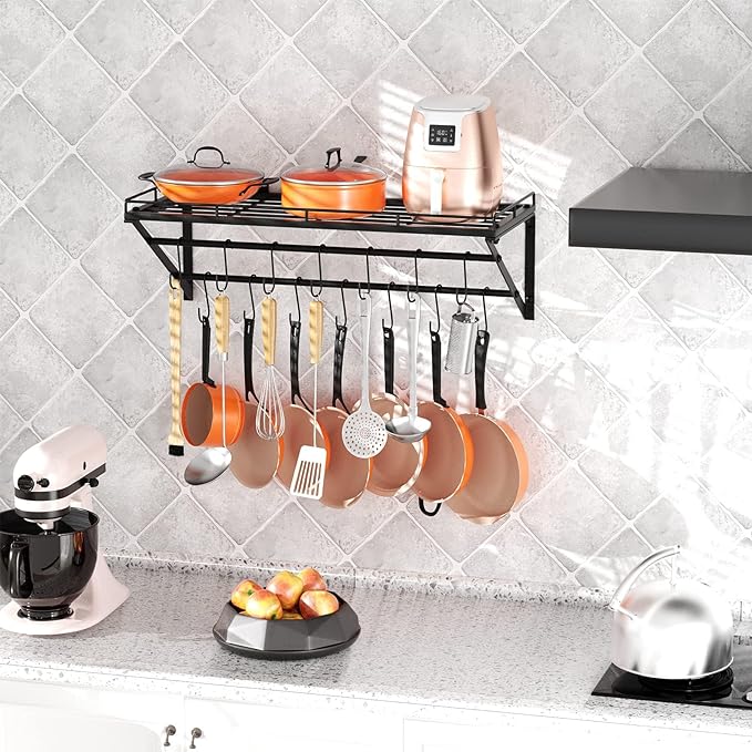 OROPY 31 Inch Wall Mounted Pot Rack Storage Shelf with 2 Tier Hanging Rails 14 S Hooks included, Ideal for Pans, Utensils, Cookware - Black