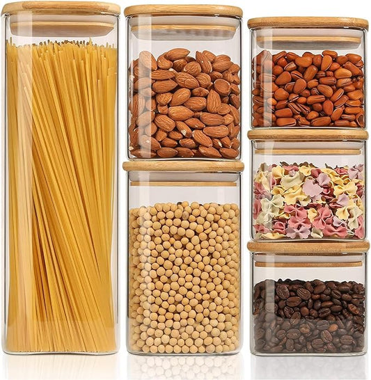 ComSaf Food Storage Containers with Airtight Lids Set of 6, Clear Glass Canister Food Jar with Sealing Lid Kitchen Pantry Storage Container for Spaghetti Pasta Sugar Flour Oat Cereal Beans, Square