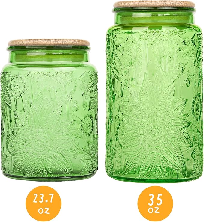 Glass Storage Jars With Airtight Lid, 35oz Canister For Kitchen Counter with Bamboo Lid, brown sugar, candy, coffee, cookie, salt, tea,pantry cute Jar (Green, 35 fl oz)