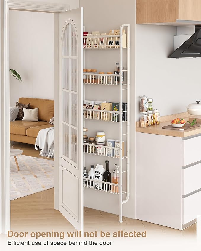 UMDONX Behind The Door Bathroom Shelf Narrow 5-Tier, Space-Saving Slim Storage Shelf Narrow Shelving Unit for Bathroom and Kitchen White