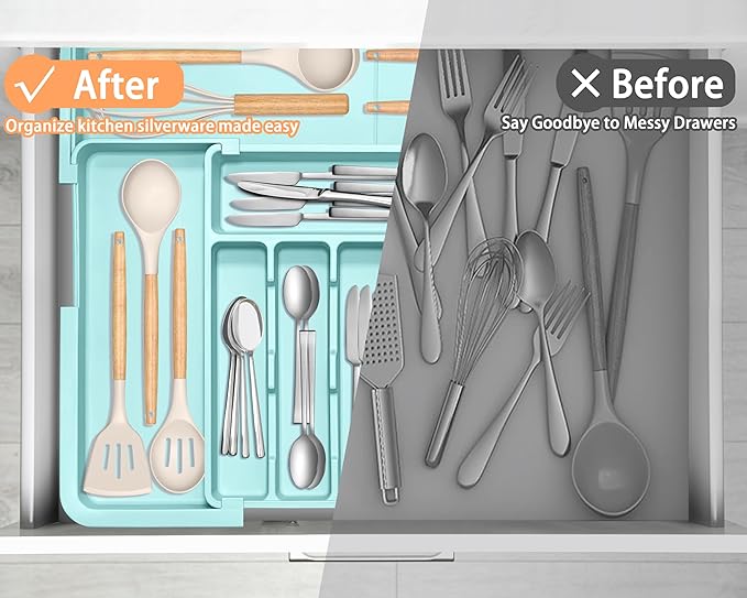 Silverware Organizer Expandable Kitchen Utensil Drawer Organizer Large BPA Free Adjustable Cutlery Silverware Tray for Spoons Forks Knives Storage Divider for Kitchen Flatware 6-9 Slots Turquoise