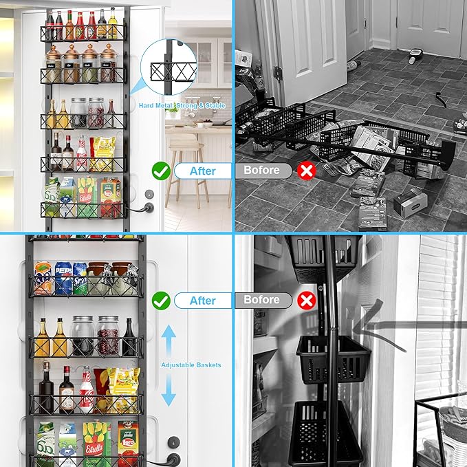 6-Tier Over the Door Pantry Organizer, Pantry Organizers and Storage, 6+1 Metal Hanging Wall Mount Spice Rack for Kitchen Behind the Door Storage Organizer with Adjustable Basket