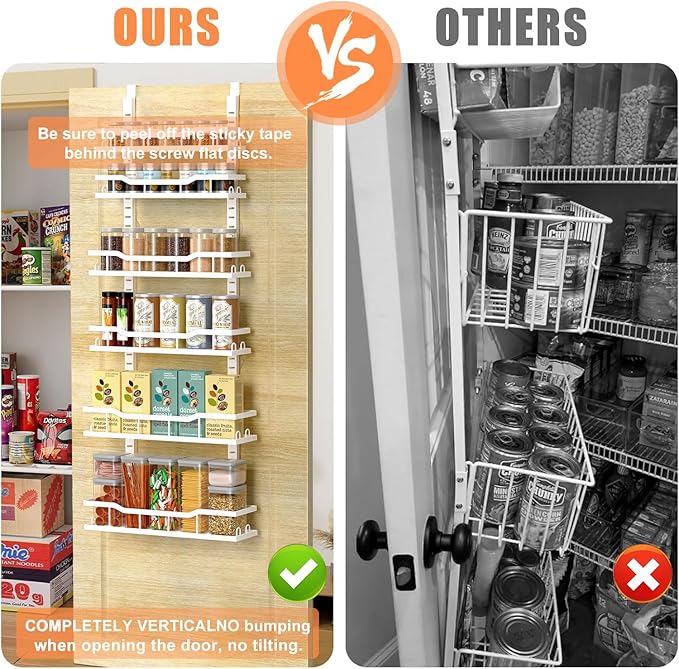 Over The Door Pantry Organizer, 6-Tier Over The Door Organizer with Adjustable Baskets, Metal Hanging Spice Rack for Pantry Organizers and Storage, Suitable for Kitchen Laundry Room & Bathroom, White