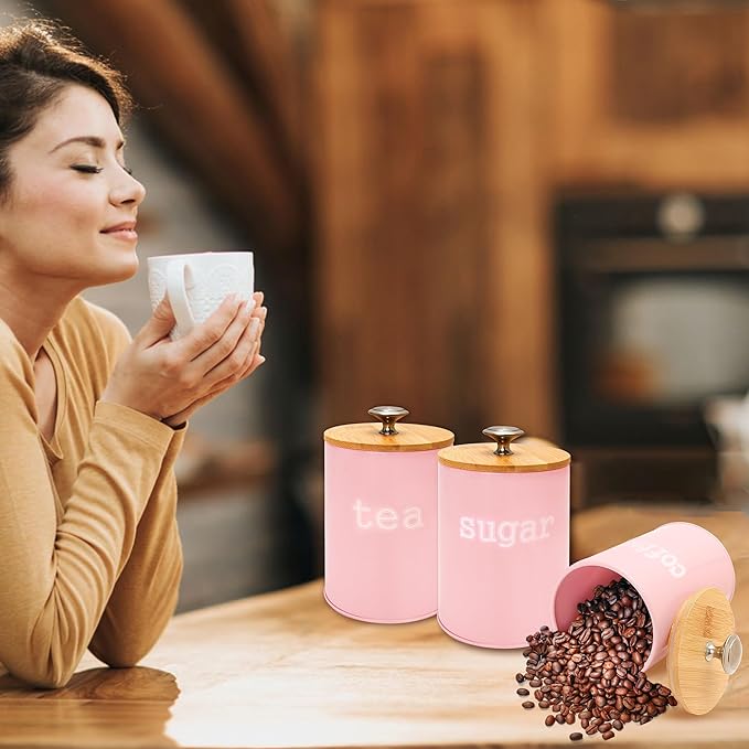 3PCS Pink Kitchen Canister Set 6.1" x 3.7" Matte Condiment Pot Metal Tin Jar Container with Bamboo Airtight Lid to Store Dry Food Spices Coffee Tea Sugar Storage Accessories for Bar Counter Farm House