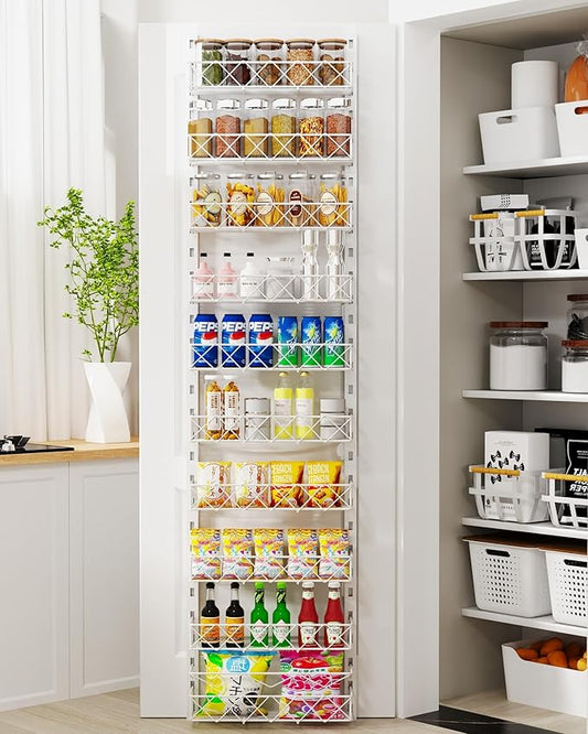 Over the Door Pantry Organizer, Over the Door Organizer, Over the Door Spice Rack,10-Tier Metal Pantry Door Organizer for Easy Install, Pantry Door Storage,Over the Door Storage White