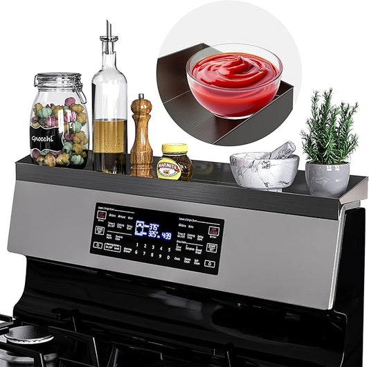 30" Upgrade Stainless Steel Stove Top Shelf, Magnetic Shelf for Kitchen, Over The Stove Spice Rack Organizer, Back of Oven Rack with Border All Around, Black