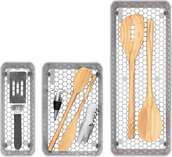 Spectrum Diversified Hexa Drawer Organizer Tray Modern Kitchen Cutlery, Utensil, Silverware Holder, Cabinet Storage, Set of 3, Stone Gray