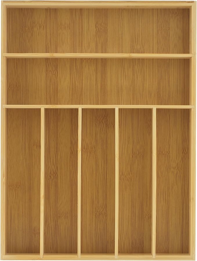 JoyJolt Bamboo Drawer Organizer, 7-Compartment Silverware Organizer, Cutlery and Utensil Organizer, Drawer Organizers for Garage, Kitchen, and Bathroom, Organizer Drawers for Kitchen Utensils