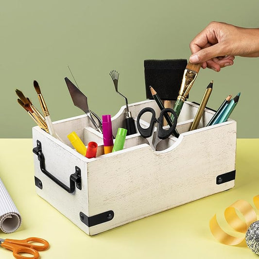 GoCraft 6-Compartment Wooden Flatware Caddy – Versatile Organizer for Kitchen Utensils, Silverware, Condiments, Craft Supplies, Makeup Brushes – Whitewashed Mango Wood with Sturdy Metal Handles