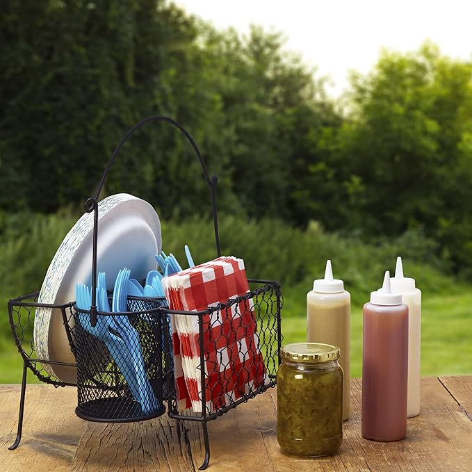 Mikasa Gourmet Basics Farmer's Market Picnic Caddy - Expandable Flatware Organizer - Iron Wire Frame with Compartments - Portable Silverware Drawer Organizer with Handle for Easy Carrying