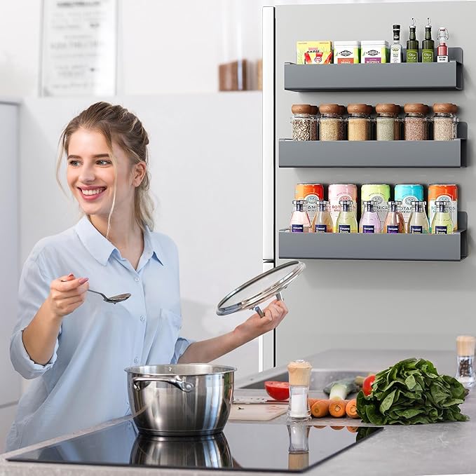 3 Pack Moveable Fridge Magnetic Spice Racks,Metal Grey
