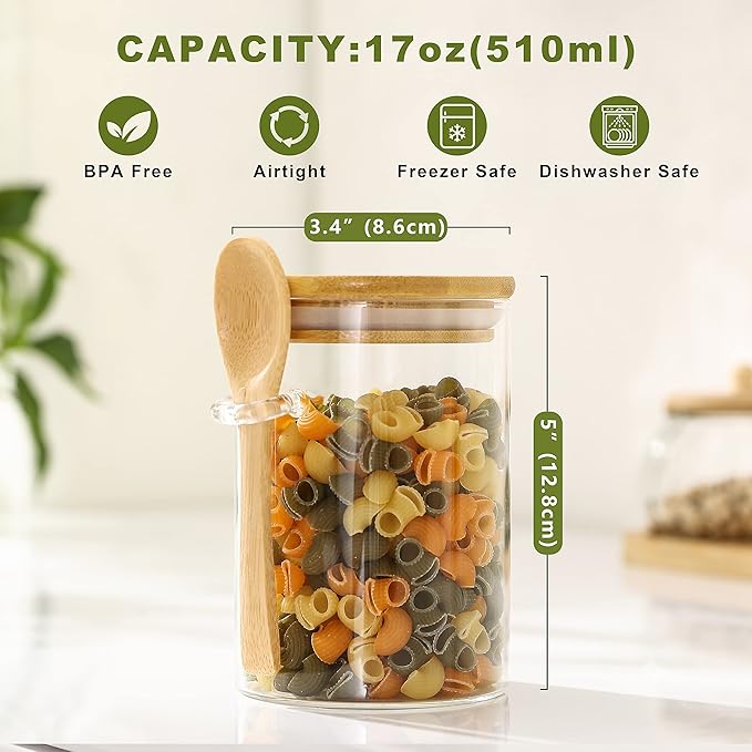 Set of 3 Airtight Glass Jars with Bamboo Lids and Spoon,17 oz Classy Canisters with Spoon,Glass Food Jars with Spoon for Coffee Beans,Tea,Flour,Sugar,Nuts,Candy