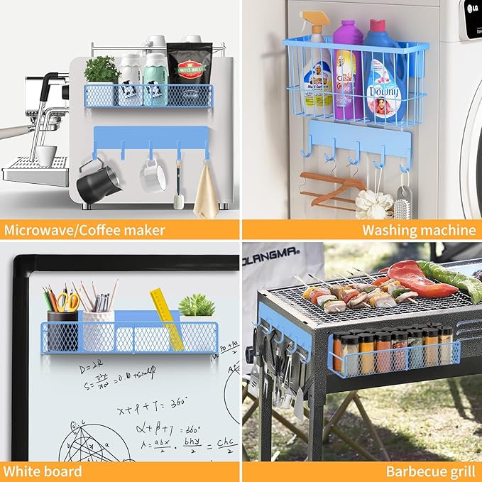 Magnetic Spice Rack for Refrigerator, 7 Pack 100% Metal Strong Magnet Shelf, Spice Organizer W/ Paper Towel Holder, Hook Rack, Utensil Caddy & Cutting Board Holder, Home Kitchen Organization (Blue)