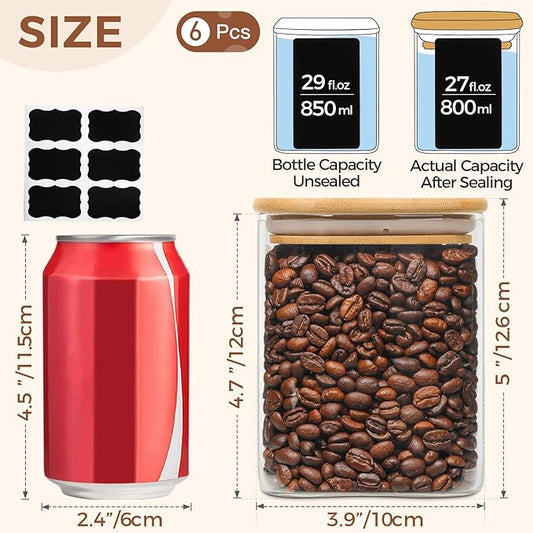 ComSaf 27 oz Glass Food Storage Jars Set of 6, Clear Storage Containers with Airtight Lids, Pantry Organization Jar, Spice Jar, Blooming Tea, Oat, Coffee and Sugar Container, Canister Set for Kitchen