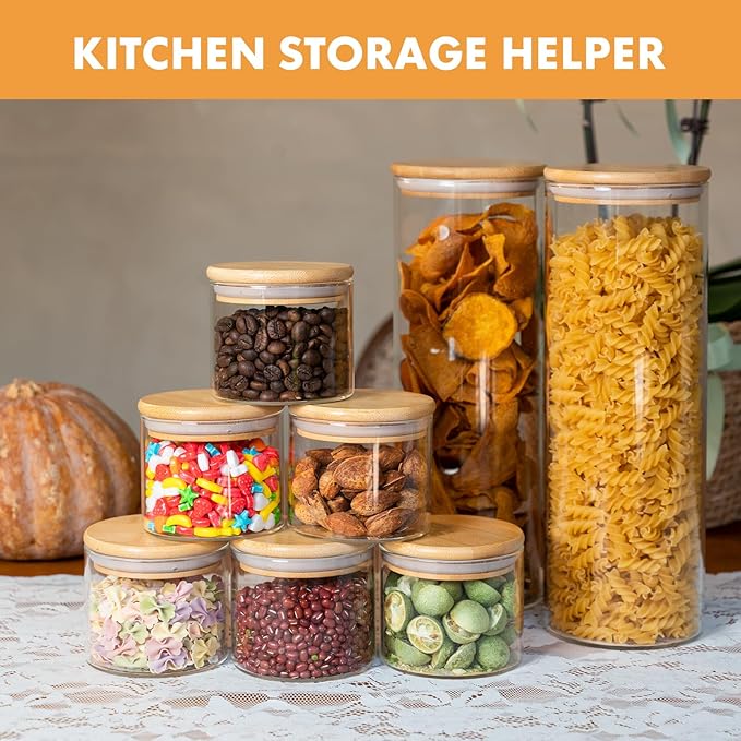Glass Storage Jars 22oz [Set of 6],Clear Glass Food Storage Containers with Airtight Bamboo Lid Stackable Kitchen Canisters for Candy,Cookie,Rice,Sugar,Flour,Pasta,Nuts and Spice Jars