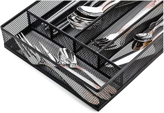 Silverware Tray for Drawer, Silverware Organizer, Metal Drawer Organizer Kitchen Utensils with Foam Feet Multi Compartments Cutlery Organizer in Drawer (BLACK)