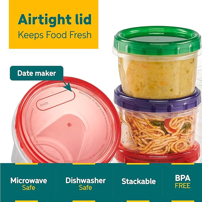 Twist Top Food Storage Containers 16 oz 12 Pack Plastic Freezer Storage Containers Leakproof Reusable with Screw on Colored Lids