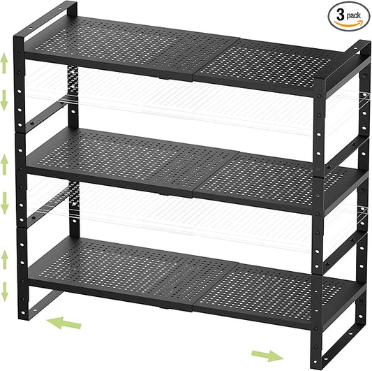 Expandable Stackable Aadjustable Spice Rack Pantry Shelf for Kitchen Cabinets Counter Shelves Countertop Cupboard Storage Solution,Sturdy Heavy-Duty Metal Construction(3Packs/Black/Large)