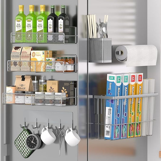 Magnetic Spice Rack for Refrigerator, 7 Pack 100% Metal Strong Magnet Shelf, Spice Organizer W/ Paper Towel Holder, Hook Rack, Utensil Caddy & Cutting Board Holder, Home Kitchen Organization (Grey)