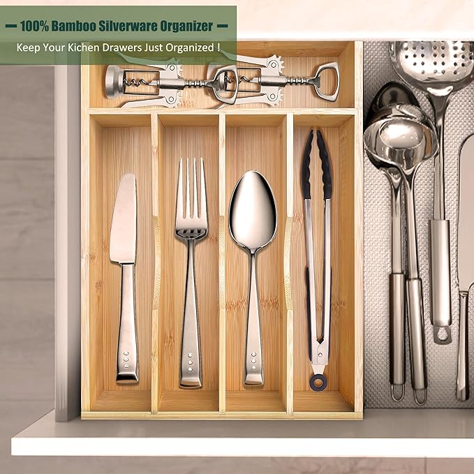 Bamboo Kitchen Drawer Silverware Organizer, 9 Inch Silverware Utensils Tray Holder for Small Drawer, Cutlery Tray, Wood Caddy for Flatware Cutlery Knives 5-Slots