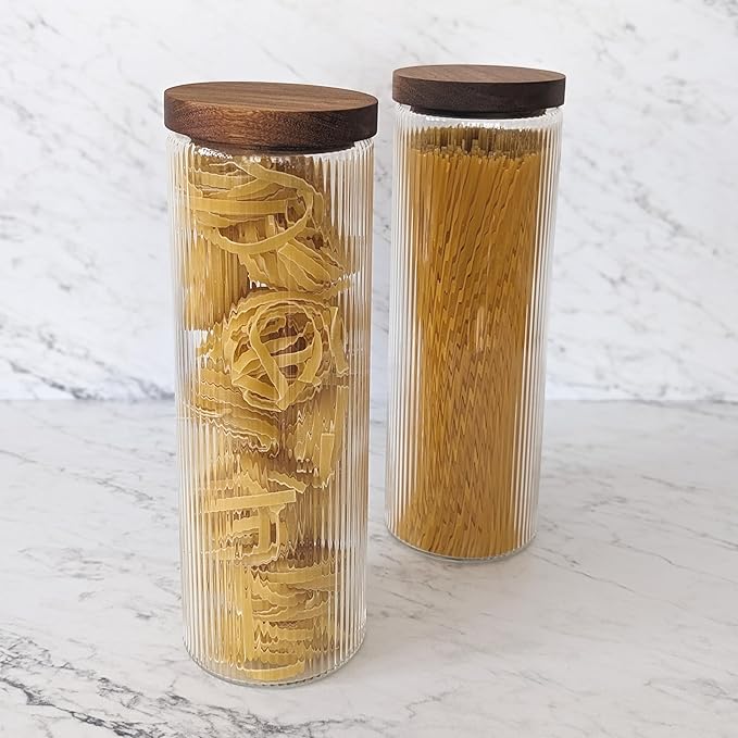 Mason & Fable Ribbed Glass Canisters or Spaghetti Jars with Airtight Wood Lid- Tall Storage Containers for Pasta, Cereal or Flour -Ideal for Kitchen/Pantry Organization - 60 fl.oz, Set of 2