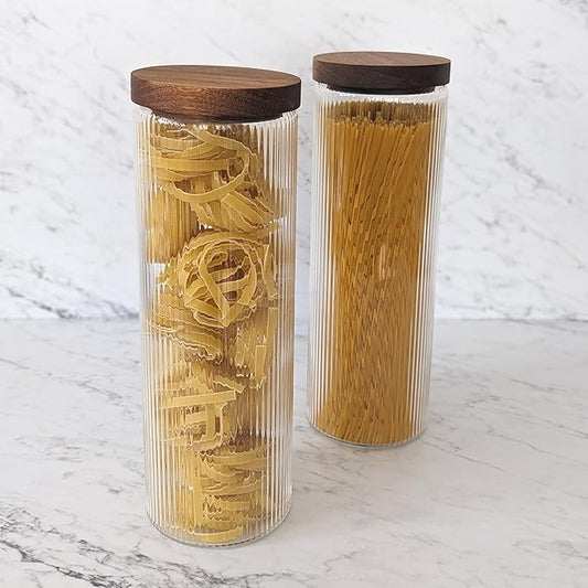 Mason & Fable Ribbed Glass Canisters or Spaghetti Jars with Airtight Wood Lid- Tall Storage Containers for Pasta, Cereal or Flour -Ideal for Kitchen/Pantry Organization - 60 fl.oz, Set of 2