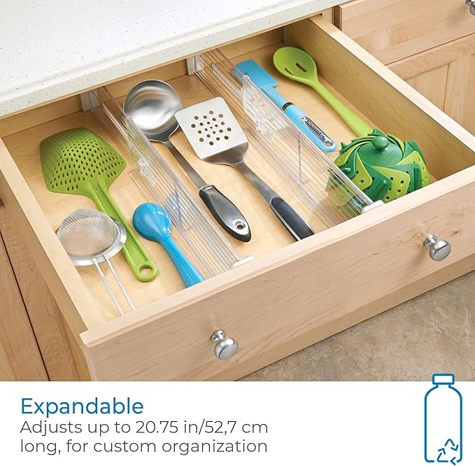 iDesign Plastic Adjustable Deep Drawer Divider, Kitchen, Dresser, Desk, Bathroom and More, The Linus Collection – Set of 2, Expandable 13.25” – 20.75”, Clear