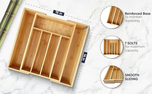 Expandable Bamboo Silverware Organizer Utensil Drawer Organizer Kitchen Utensil Organizer Cutlery Drawer Organizer 5-7 Slot Flatware Organizer For Drawers With Gift Box