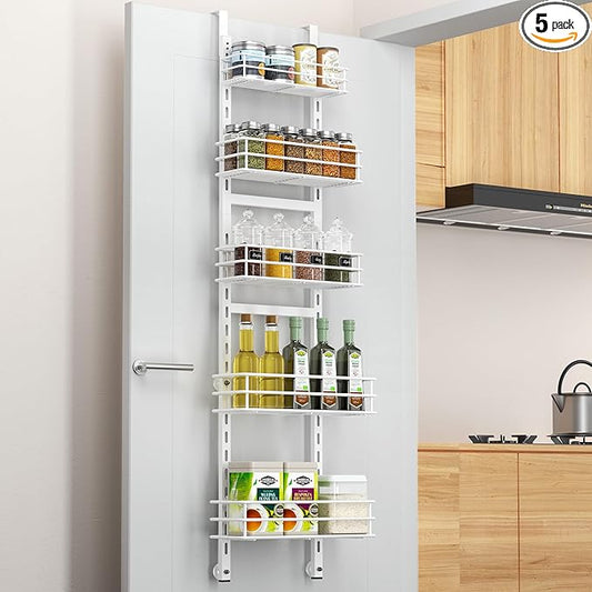 Pantry Door Organizer 12 Inch Wide, 5 Tier Hanging Adjustable Over the Door Spice Rack For Narrow Space,Matt White