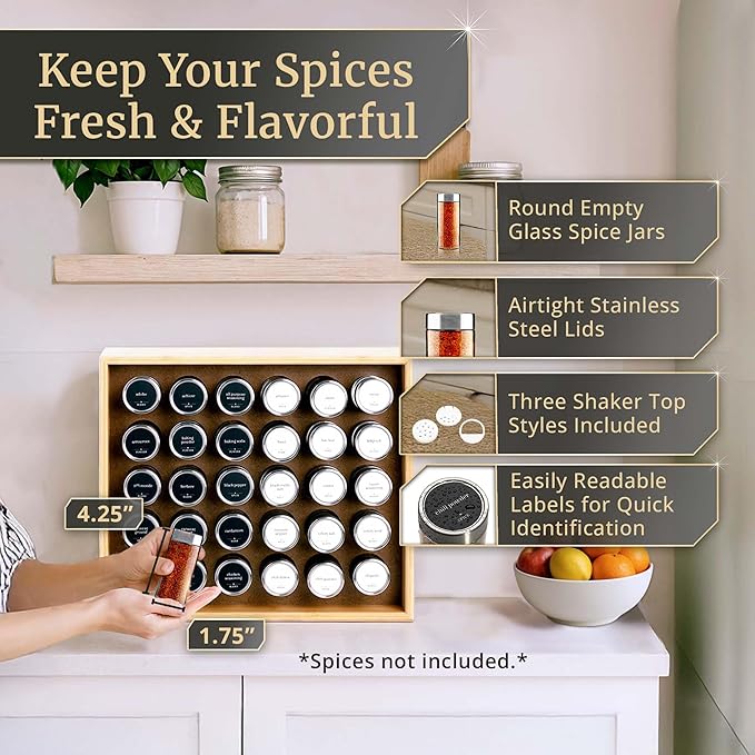 BOURBON & BARREL Wooden Spice Rack Organizer with Glass Jars | Stainless Steel Lids | Bamboo Countertop Spice Organization | 350 Waterproof Spice Labels | 2 Chalk Markers | 30 4oz Jars [Bamboo]