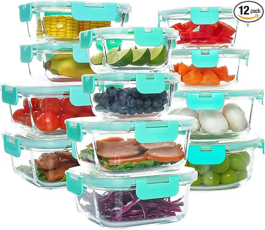 C CREST 12 Pack Airtight Glass Containers for Fresh and Tasty Food Storage, Multi-Size for Efficient Kitchen Storage