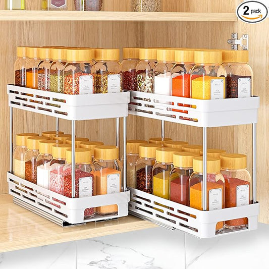 2-Pack Pull-Out Spice Rack Organizer for Cabinet, Slide-Out Rack, Easy to Install, 4.4"W x 10.5"D x 8"H, Holds 10 Spice Jars Each - 2 Tier, White