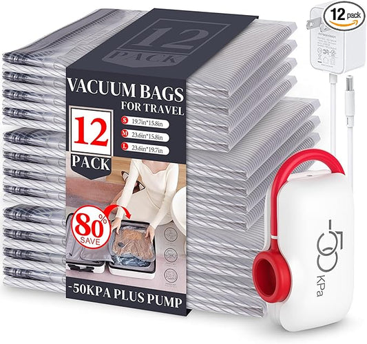 VMstr 12 Pack Vacuum Storage Bags for Travel, Carry-on Size for Luggage Compression Packing, Space Saver with High Pressure Electric Pump(D/C Power)