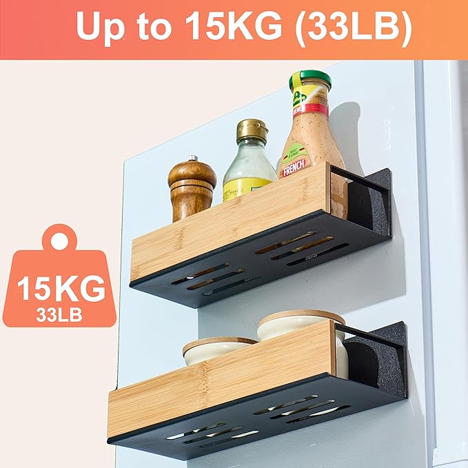 2 Pack Wooden Spice Rack, Metal & Magnetic, Upgraded Widened Fridge Spice Rack