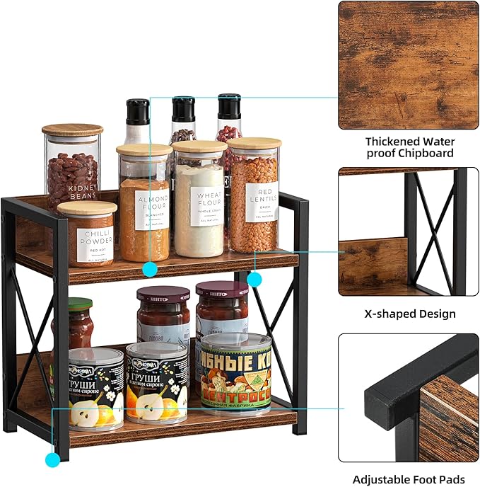 Giikin 2 Tier Kitchen Spice Rack Organizer for Countertop, Wood Coffee Counter Shelf Organizer for Home (Rustic Brown)