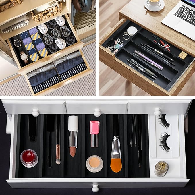 Expandable Large Kitchen Silverware Drawer Organizers Tray Bamboo Utensil Organizer Adjustable Cutlery Tray Black Wooden Flatware Organizers Divider Cooking Utensil Holder Drawer Fork Spoon Organizer