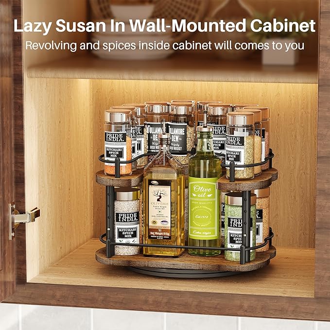 Lazy Susan Organizer Spice Rack for Cabinet - Height Adjustable Rotating Lazy Turntable Spice Organization for Table Top Pantry Kitchen, Wood Lazy Susan 10 inches Black