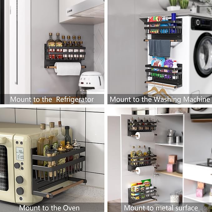 Sleclean Magnetic Spice Rack for Refrigerator Magnetic Paper Towel Holder Shelf Fridge Magnet Organizer Spice Rack Organizer Kitchen Organization Kitchen Storage,Black