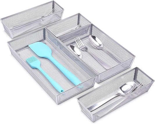 WuGeShop Mesh Silverware Tray Drawer Organizer, Kitchen Utensils Flatware Tray with Anti-slip Mats, Silverware Storage Cutlery Tray for Knives Fork Spoon (5 Separate Compartments, Silver)
