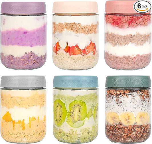 Overnight Oats Containers with Lids 6 Pack-16 Oz Mason Jar with Lids-Overnight Oats Jars Glass Food Storage Containers for Chia Seed Pudding Salad Cereal Coffee Spices
