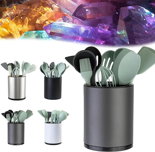 Utensil Holder For Kitchen Counter Organizer Extra Large Silverware Caddy Cooking Utensil Stainless Steel Rotating Kitchen Storage 3 Compartment Flatware Spoon Spatula