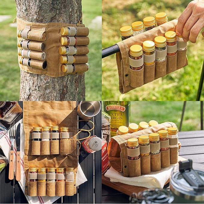 Camping Spice kit with 9 spice Jar,rope,Spice Labels Sticker,Silicone Collapsible Funnel, Canvas Travel Seasoning container, portable spice bag for travel (MILITARY GREEN)