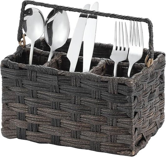 Silverware Holder for Party Plastic Utensil Holder Wicker Silverware Caddy Cutlery Holder with Handle Spoon and Fork Organizer Brown Utensil Caddy for Kitchen Counter