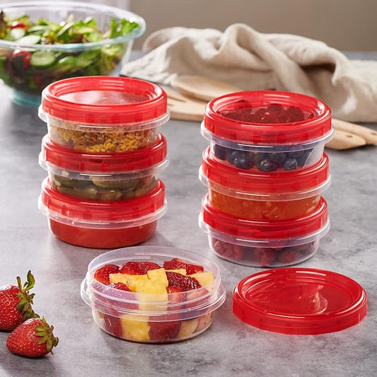 PLASTICPRO 12 Pack Twist Cap Food Storage Containers with Red Screw on Lid- 8 oz Reusable Meal Prep Containers - Freezer and Microwave Safe Red Plastic Food Storage