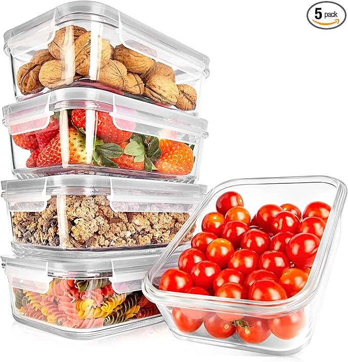 NutriChef 10-Piece Superior Glass Food Storage Containers Set (5 Containers + 5 Locking Lids),Stackable Meal-prep Design, BPA-free Airtight Clear Locking lids with Vent Lids & Air Hole, Gray