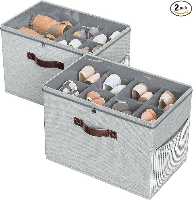 Budding Joy 2 Pack Shoe Organizer for Closet, Clear Foldable Shoe Storage Containers Adjustable Dividers Fits 16 Pairs,Shoe Storage Bins Baskets Boxes with Reinforced Handles Light grey